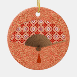 Adorno De Cerámica Ventilador japonés, Shippo Motif, Naranja mandarín