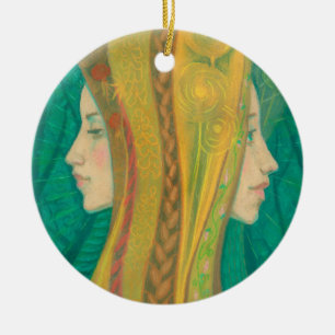 Adorno De Cerámica Verano, chicas, arte de fantasía, bosque, verde y 
