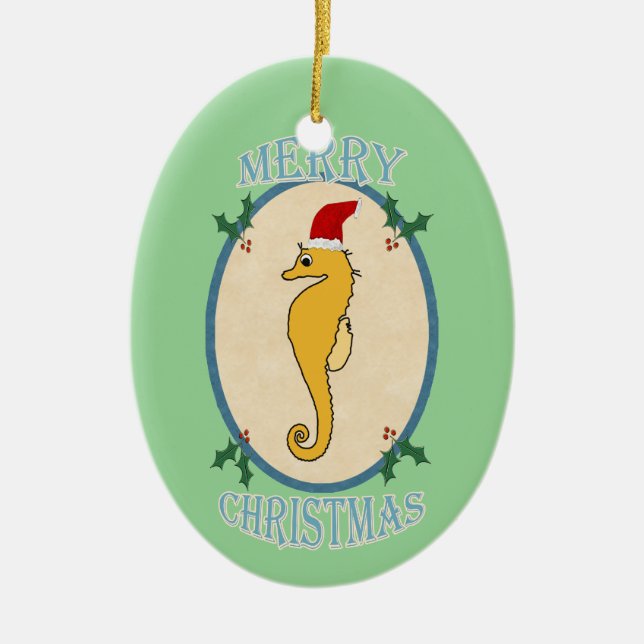 Adorno De Cerámica Verde azul de Santa del navidad lindo del Seahorse (Frente)