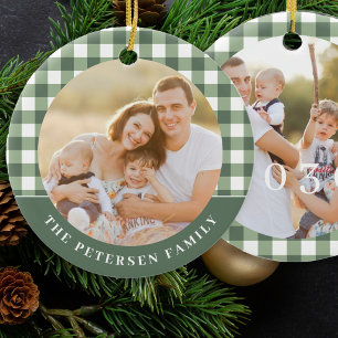 Adorno De Cerámica Verde blanco gingham cuadros 2 foto familia Navida