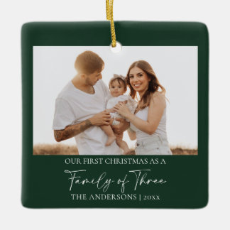 Adorno De Cerámica Verde Moderno Foto Primera Navidad Familia de Tres