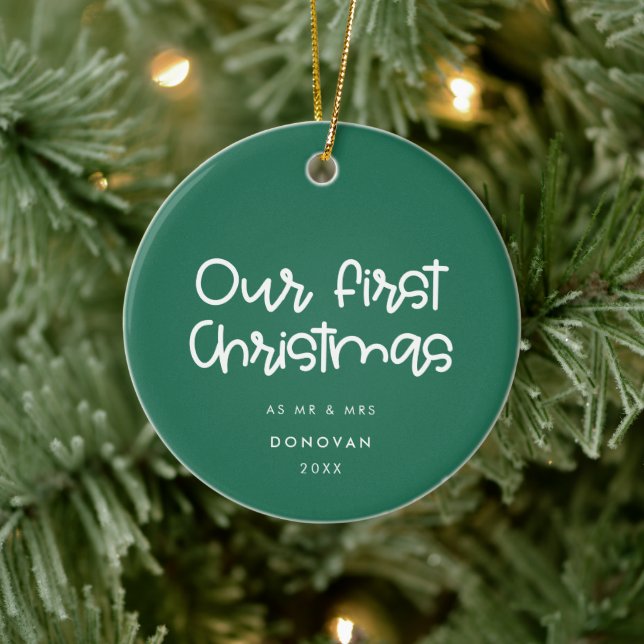 Adorno De Cerámica Verde moderno Nuestra primera Navidad foto casada (Árbol)