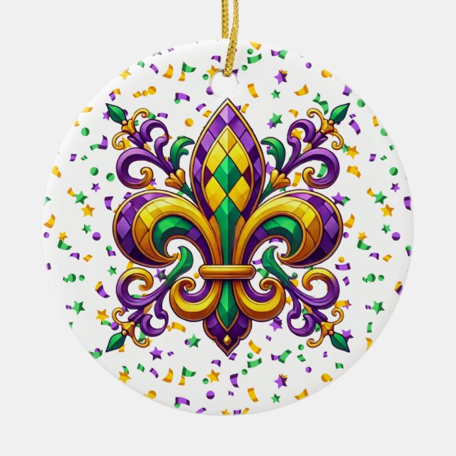 Adorno De Cerámica Verde morado Mardi Gras fleur de lis (Frente)