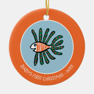 Adorno De Cerámica Verde y pescados gemelos anaranjados de la aleta