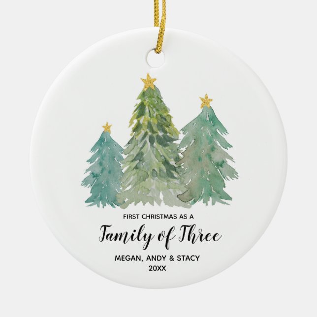 Adorno De Cerámica Verdor Primera Navidad como familia de tres (Frente)