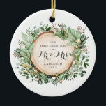 Adorno De Cerámica Verdor Rústico Primera Navidad como Sr. y Sra.<br><div class="desc">Este adorno navideño de inspiración botánica presenta un precioso ilustracion acuático de vegetación exuberante. Los campos de texto son completamente editables.</div>