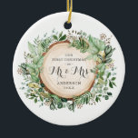 Adorno De Cerámica Verdor Rústico Primera Navidad como Sr. y Sra.<br><div class="desc">Este adorno navideño de inspiración botánica presenta un precioso ilustracion acuático de vegetación exuberante. Los campos de texto son completamente editables.</div>