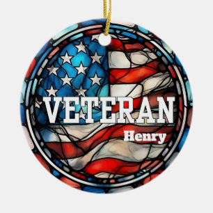 Adorno De Cerámica Veterano personalizado Faux StainGlass Bandera Est