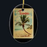 Adorno De Cerámica Viaje de cosecha de palmeras de Tampa<br><div class="desc">Impresión artística de Tampa Florida,  de mediados de siglo,  única y retro,  al estilo poster de viajes vintage. Cuenta con una palmera curvada en una playa de arena con el océano bajo un cielo azul turbio.</div>