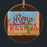 Adorno De Cerámica Viaje de vintage al desierto de Personalizado Reno<br><div class="desc">Reno Nevada diseño de viajes neo vintage en divertido estilo retro personalizado con el desierto,  un cactus y rocas. Azul,  marrón y rojo con cactus verde.</div>