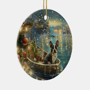 Adorno De Cerámica Viaje Festivo de Navidad del Boston Terrier