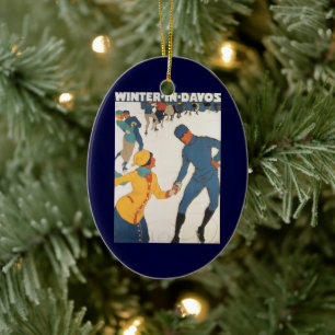Adorno De Cerámica Viajes antiguos, Art Deco, invierno Davos Suiza