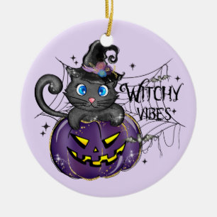 Adorno De Cerámica Vibes de cocina - Gato negro sobre un Jack-O-Lante