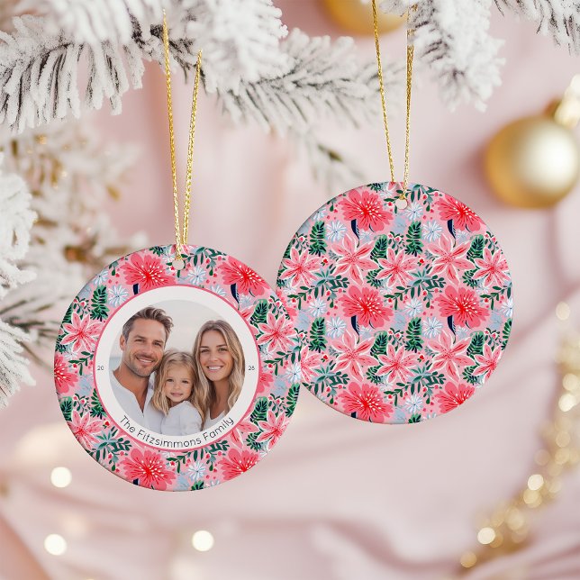 Adorno De Cerámica Vibrant Pink Christmas Floral 1 Sided Photo (Pink Tropical Floral Christmas one sided photo ornament)