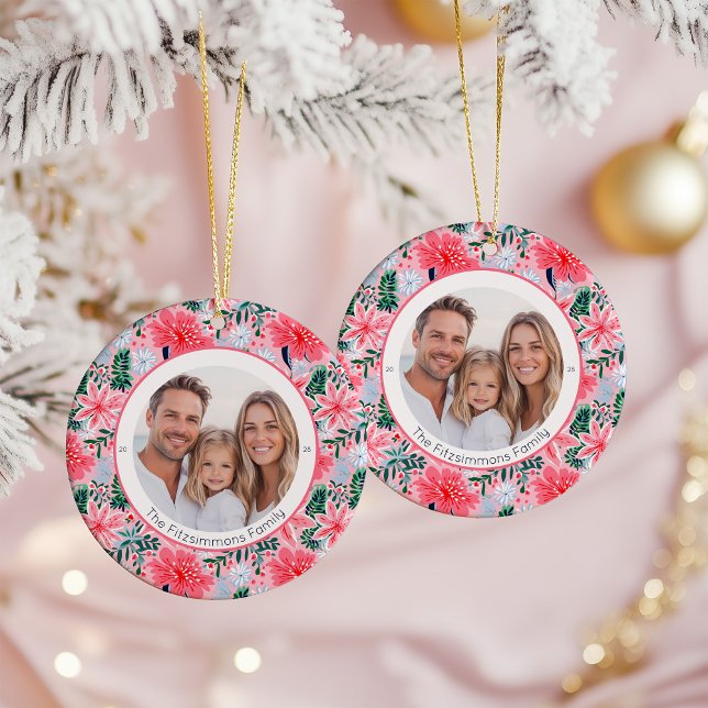 Adorno De Cerámica Vibrant Pink Christmas Floral 2 Sided Photo (Pink Tropical Floral Christmas two sided photo ornament)
