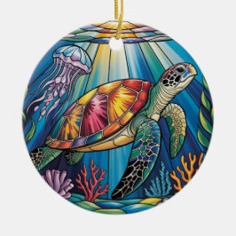 Adorno De Cerámica Vibrant Stained Glass Sea Turtle Ocean Design