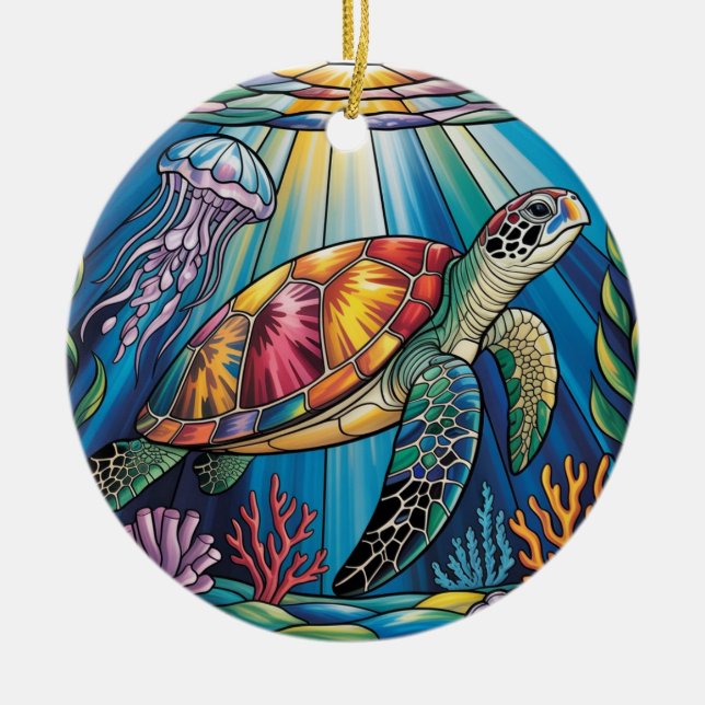 Adorno De Cerámica Vibrant Stained Glass Sea Turtle Ocean Design (Frente)