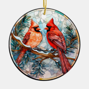 Adorno De Cerámica Vidrieras de Cardenales Navideños Vintage