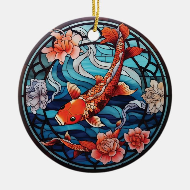 Adorno De Cerámica Vidrio Manchado estilo asiático Koi Fish y Camelli (Frente)