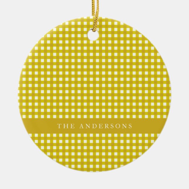 Adorno De Cerámica Viejo Mustard Yellow Gingham Plaid Personalizado (Frente)