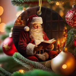 Adorno De Cerámica Viejo Santa leyendo un libro