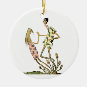 Adorno De Cerámica Viñeta Retro Beatnik Hippie Mushroom Pareja