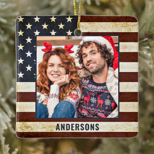 Adorno De Cerámica Vintage American Flag Personalizado 2 Foto Patrió