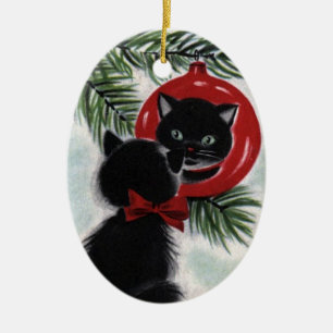 Adorno De Cerámica Vintage Black Cat Ceramic Christmas Ornament