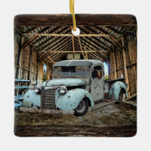 Adorno De Cerámica Vintage Blue Truck Rustic Barn Ceramic Ornament
