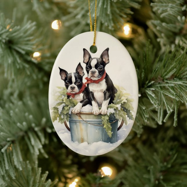 Adorno De Cerámica Vintage Boston Terrier Navidades (Árbol)