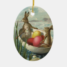 Adorno De Cerámica Vintage Bunnies de Pascua en barco con huevos de P