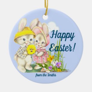 Adorno De Cerámica Vintage Bunnies & Flowes Feliz Pascua