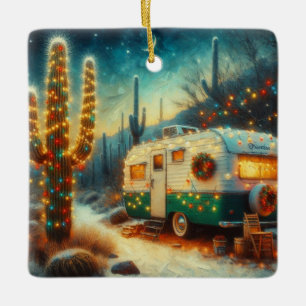 Adorno De Cerámica Vintage Camper Navidades en el desierto Saguaro Ca