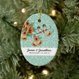 Adorno De Cerámica Vintage Cherry Blossom Love Bird Peach Mint