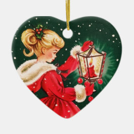 Adorno De Cerámica Vintage Chica de Navidad con Lantern
