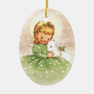 Adorno De Cerámica Vintage Christmas Angel Chica Con Cordero Bebé