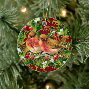 Adorno De Cerámica Vintage Christmas Birds Holly Faux Gold