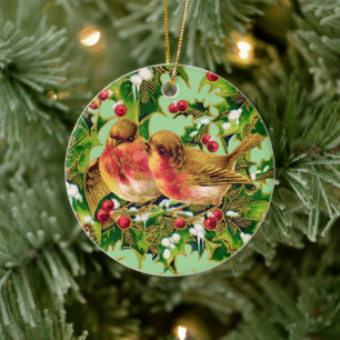 Adorno De Cerámica Vintage Christmas Birds Holly Faux Gold