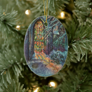 Adorno De Cerámica Vintage Christmas Church con ventana de vidrio man