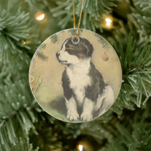 Adorno De Cerámica Vintage Christmas, Cute Puppy con Árbol De Navidad
