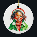 Adorno De Cerámica Vintage Christmas Elf Personalizado<br><div class="desc">adorno navideño personalizado con un adorable elfo afroamericano retro en un gorra. La parte posterior se puede personalizar con un mensaje personalizado.</div>