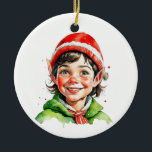 Adorno De Cerámica Vintage Christmas Elf Personalizado<br><div class="desc">adorno navideño personalizado de bonito con un elfo retro lindo. La parte posterior se puede personalizar con un mensaje personalizado.</div>