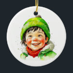Adorno De Cerámica Vintage Christmas Elf Personalizado<br><div class="desc">adorno navideño personalizado con un lindo elfo retro asiático en un gorra. La parte posterior se puede personalizar con un mensaje personalizado.</div>