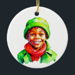 Adorno De Cerámica Vintage Christmas Elf Personalizado<br><div class="desc">adorno navideño personalizado con un lindo elfo afroamericano retro en un gorra. La parte posterior se puede personalizar con un mensaje personalizado.</div>
