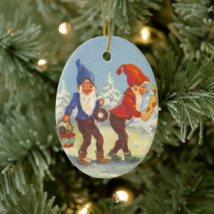 Adorno De Cerámica Vintage Christmas, Elves in the Snow Forest Winter