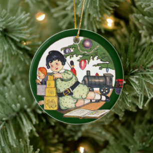 Adorno De Cerámica Vintage Christmas, Happy Boy Playing with Toys