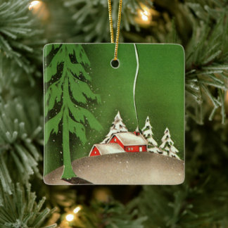 Adorno De Cerámica Vintage Christmas, House in Forest Winter Snow