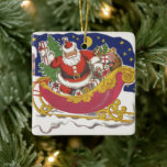 Adorno De Cerámica Vintage Christmas, Jolly Santa Claus con Sleigh<br><div class="desc">Diseño de vacaciones de Navidades de ilustracion de época del clásico libro de cuentos para niños "Fue la noche antes que los Navidades". Este diseño presenta a un alegre Santa Claus con su burla en el trineo de los juguetes que saca su equipo de renos. Santa está a punto de...</div>