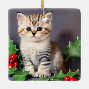 Adorno De Cerámica Vintage Christmas Kitten and Holly