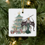 Adorno De Cerámica Vintage Christmas | Mujer de la cabeza roja en el<br><div class="desc">¡Esta es la temporada para celebrar y entretener! Diseño de bigote con una hermosa dama de pelo rojo tocando el piano cerca de un árbol de Navidad rodeado de regalos. Paleta moderna, oscura y monótona abstracta fiesta de vacaciones en árbol, alojamiento y colección de accesorios de regalo. Para otros colores...</div>
